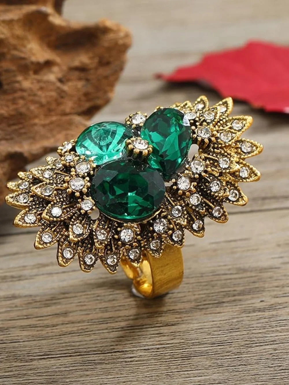 Anthropologie Gold-Tone Ring with Emerald Green Crystals